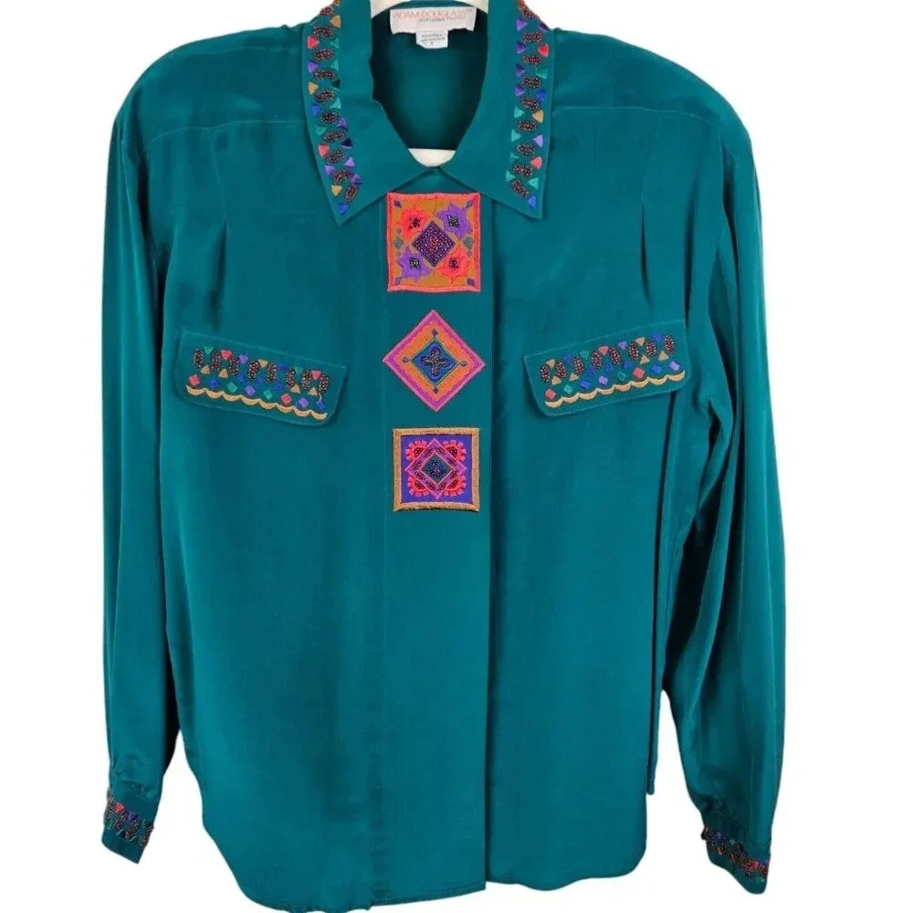 Adam Douglass Adrianna Papell Green‎ Silk Button Embroidered Blouse Size Small